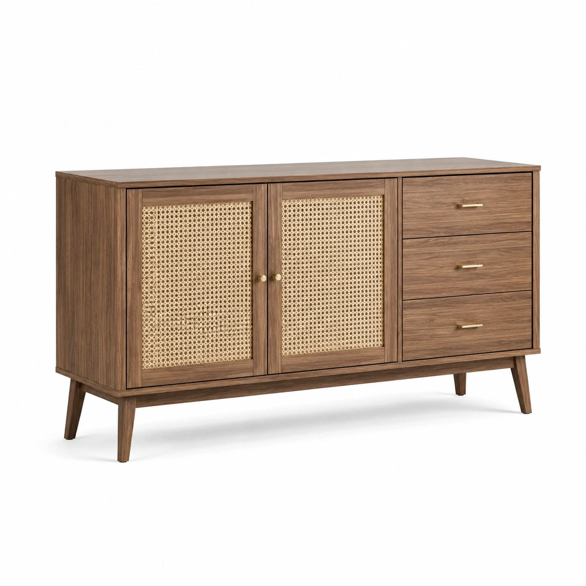 Aparador de madera y ratán con puertas y tres cajones 150x40x85 cm