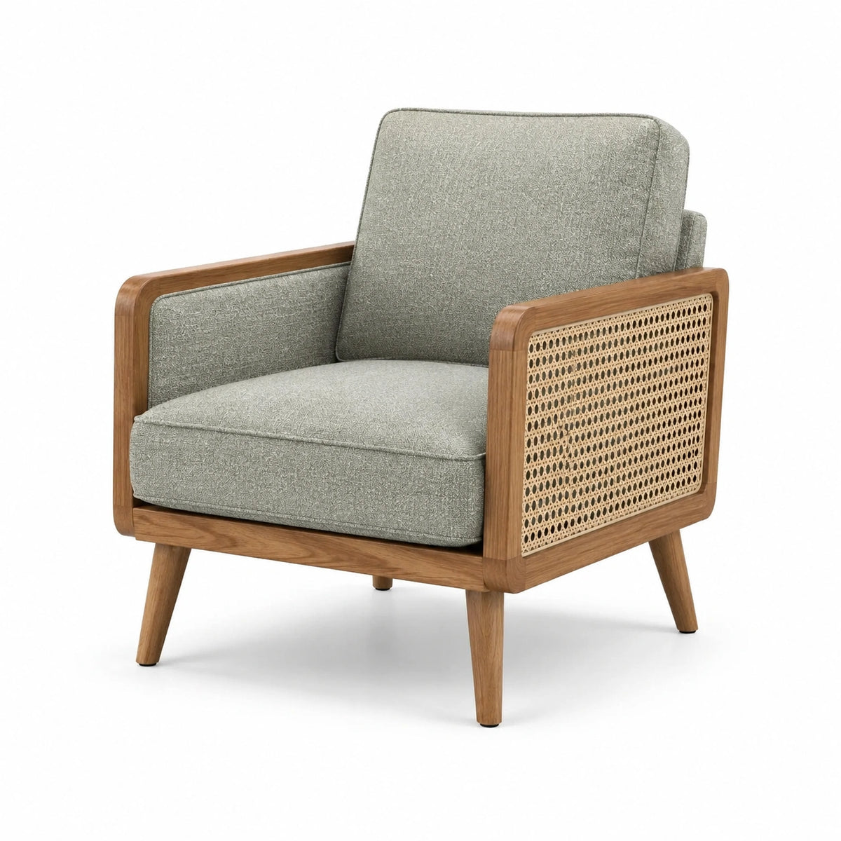 Sillón de Madera y Ratán con Tapizado Gris Claro