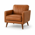 Sillón de cuero sintético marrón con patas de madera maciza