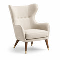Sillón orejero beige de lino con patas de madera y detalles metálicos