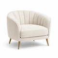 Sillón de tela bouclé beige con patas de metal dorado, 75x90x80 cm