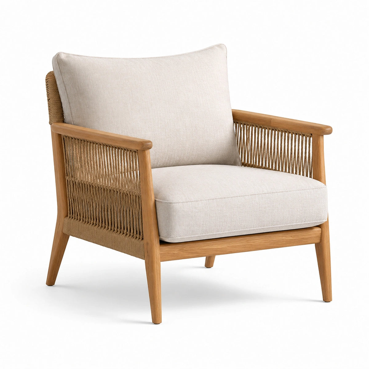 Sillón de madera de teca con cojines de tela y cuerda trenzada beige