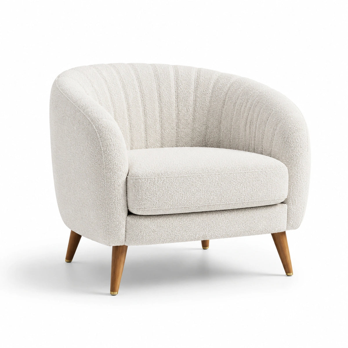 Sillón redondo de bouclé beige con patas de madera de haya