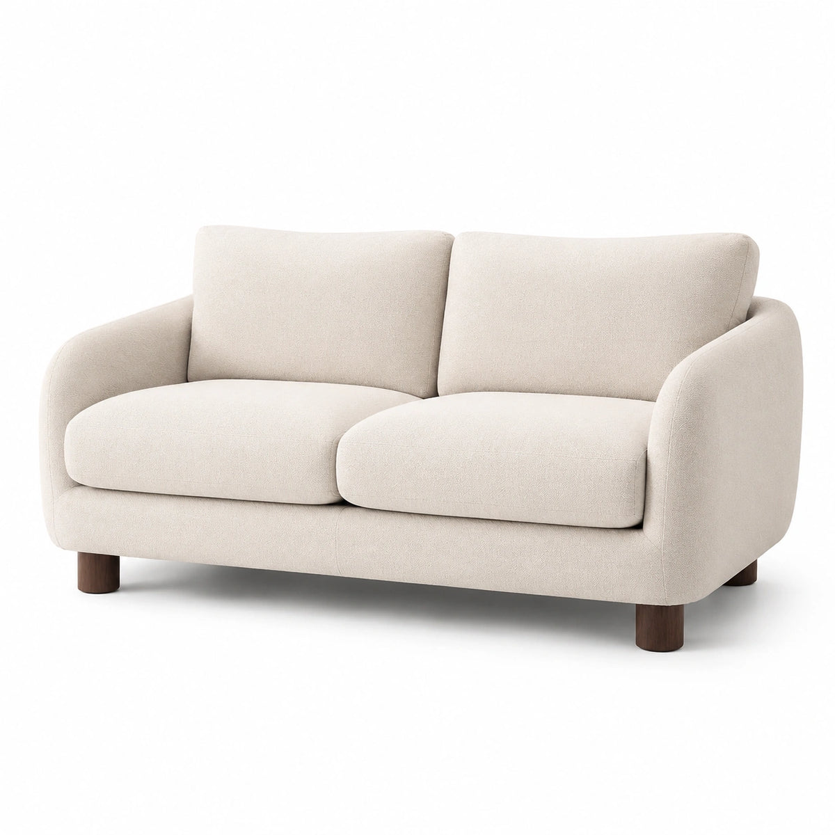 Sofá beige de dos plazas con patas de madera