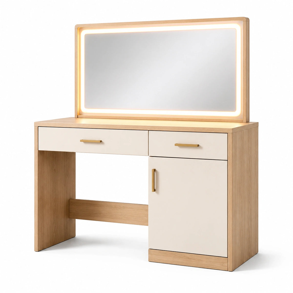Tocador de madera con espejo LED y almacenamiento de roble