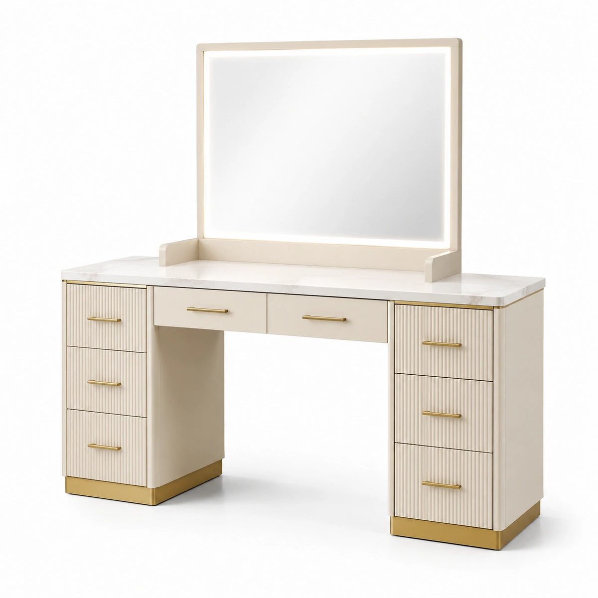 Tocador de madera con espejo LED y encimera de mármol beige