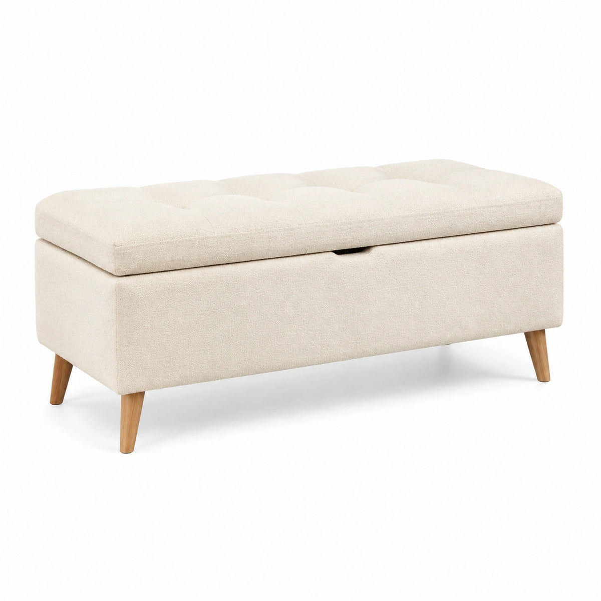 Banco de almacenamiento de tela beige con patas de madera