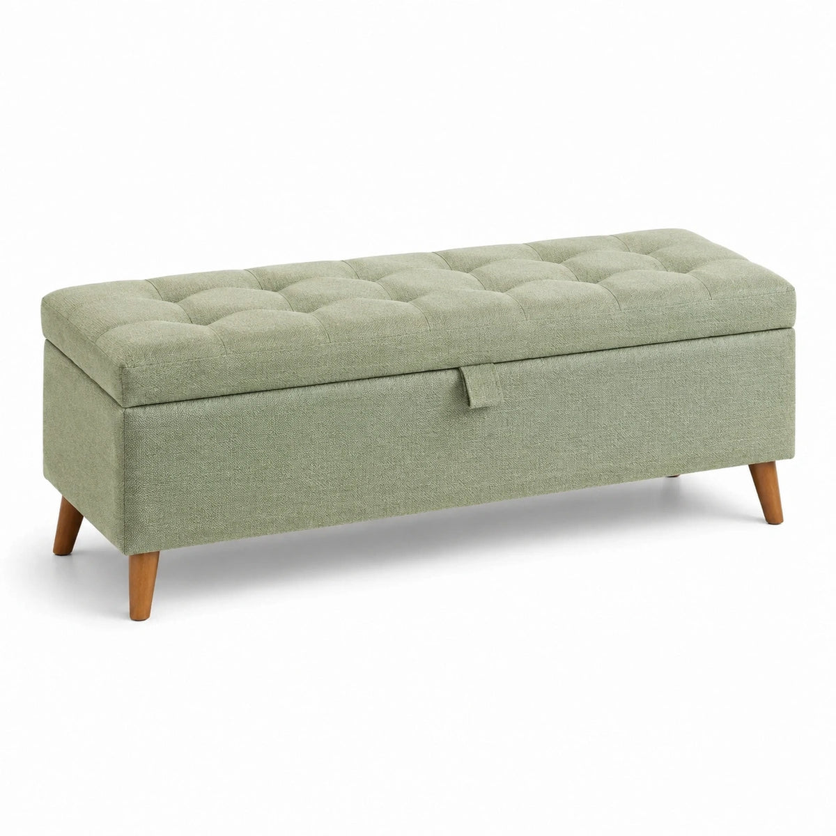 Banco de almacenamiento de tela verde con patas de madera 120x40x45 cm