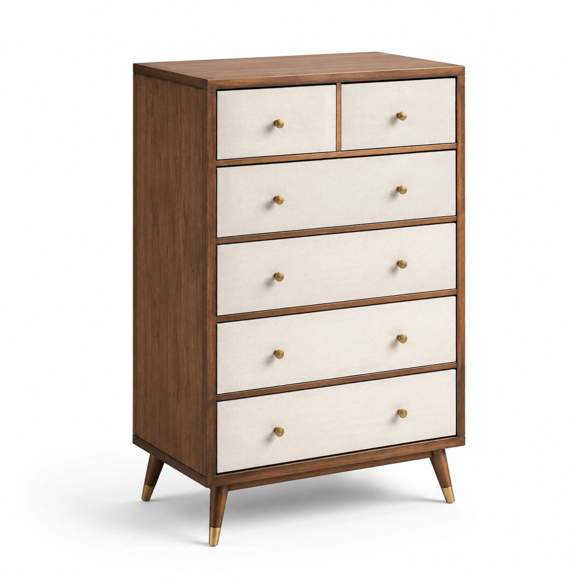 Cajonera de madera de nogal con 6 cajones de tela beige
