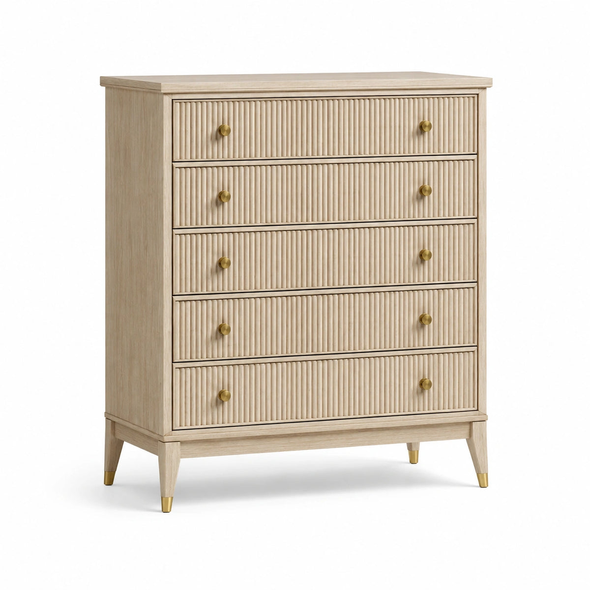 Cómoda de roble con detalles metálicos dorados y 5 cajones beige
