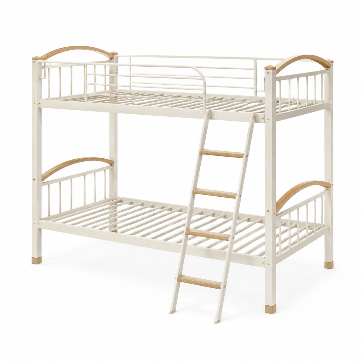 Litera de metal y madera blanca con escalera