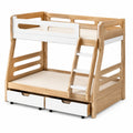 Litera de madera maciza y MDF con escalera y cajones, color beige y blanco