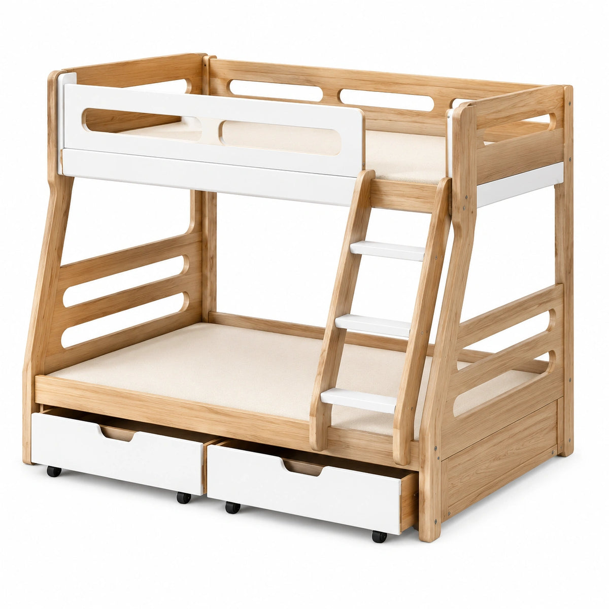 Litera de madera maciza y MDF con escalera y cajones, color beige y blanco