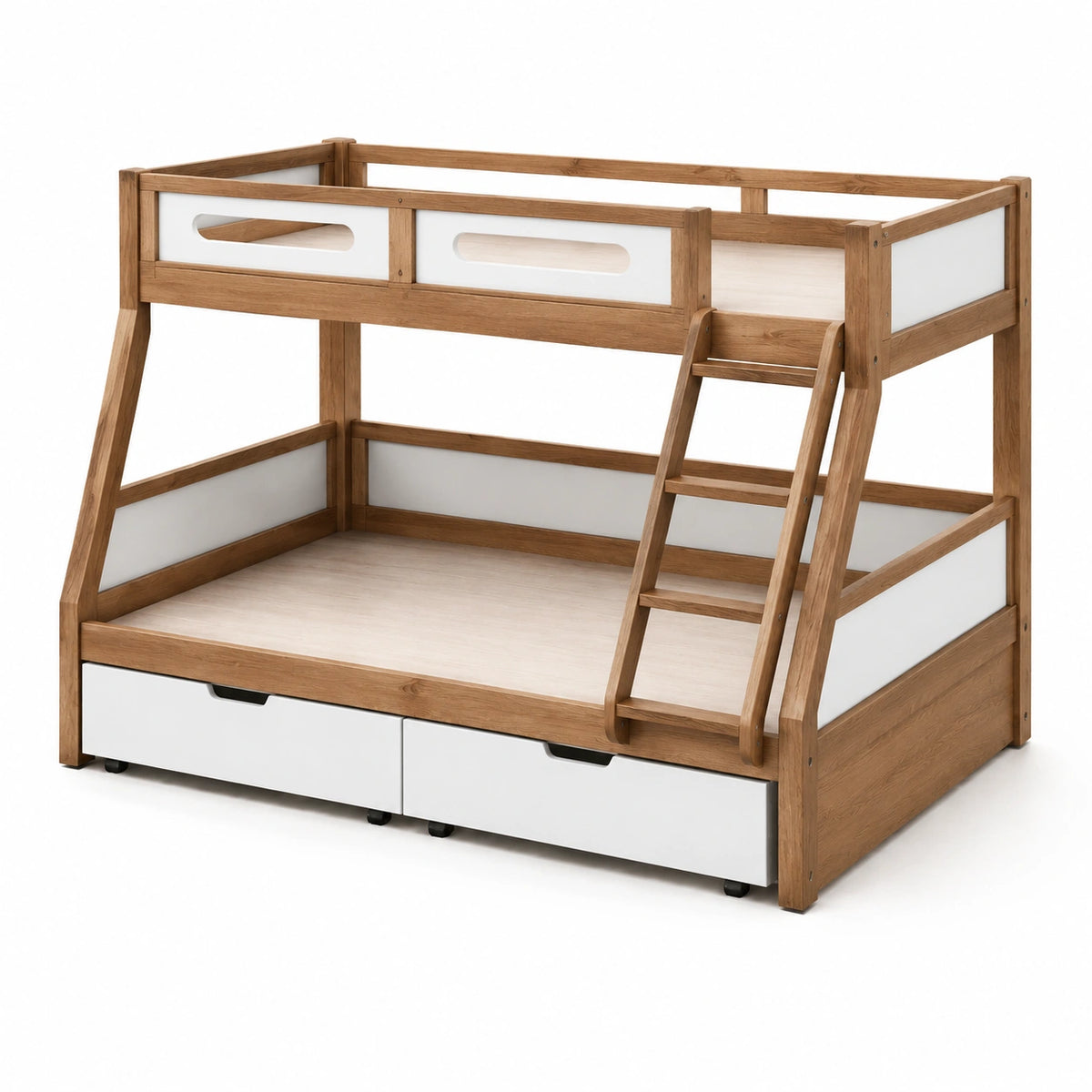 Litera de madera con cajones en color natural y blanco