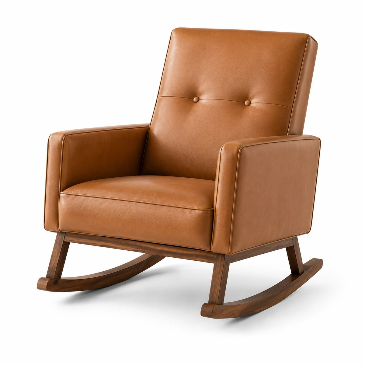Mecedora de cuero sintético marrón con base de madera maciza