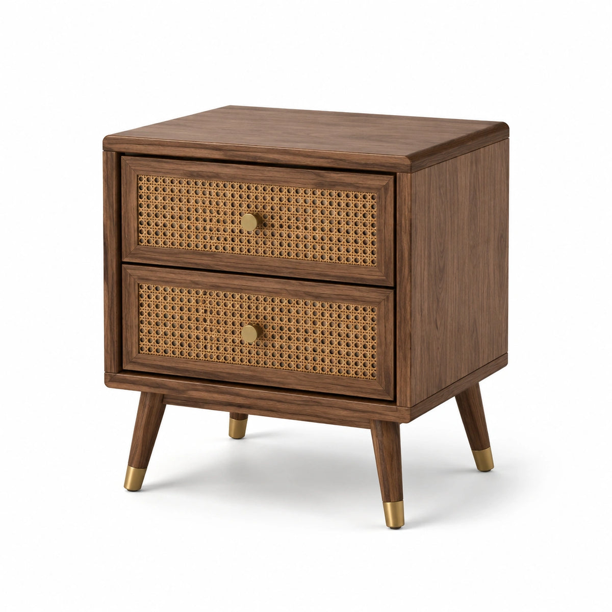 Mesita de noche de madera y ratán con detalles de latón