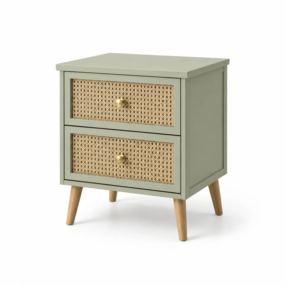 Mesita de Noche Verde con Madera de Mindi y Mimbre