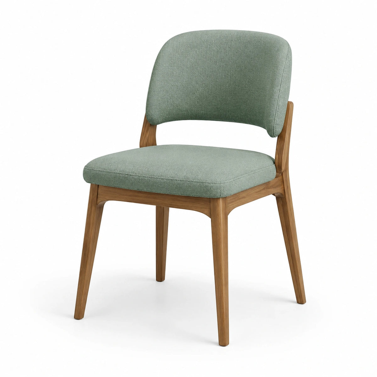 Silla de madera con tapizado verde y estructura sólida