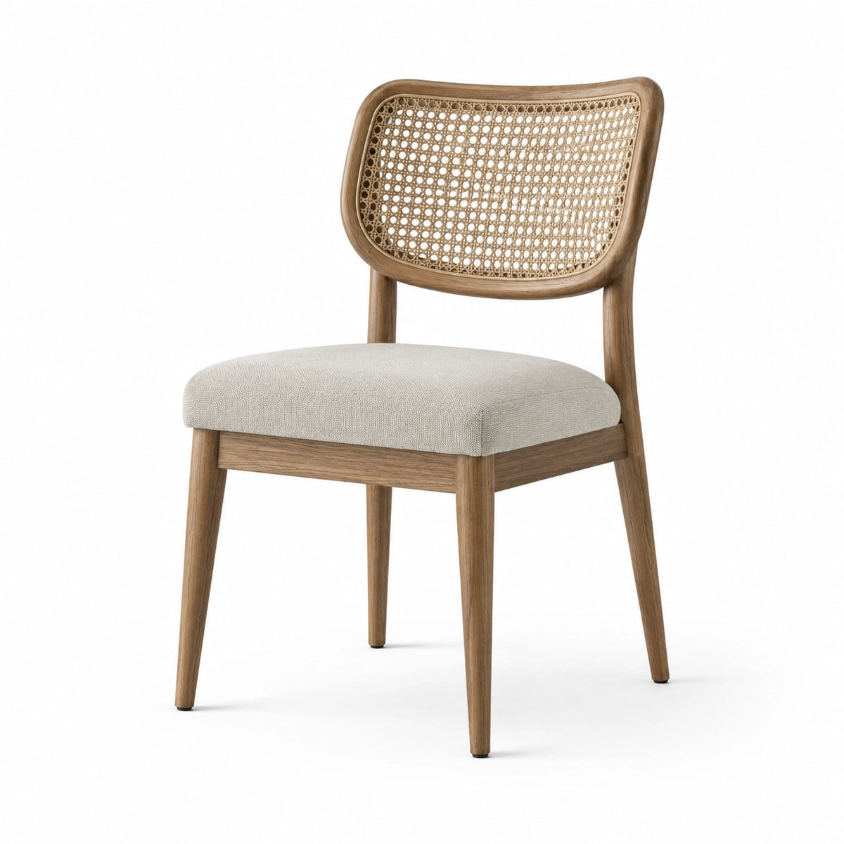 Silla de madera y mimbre con asiento tapizado en beige
