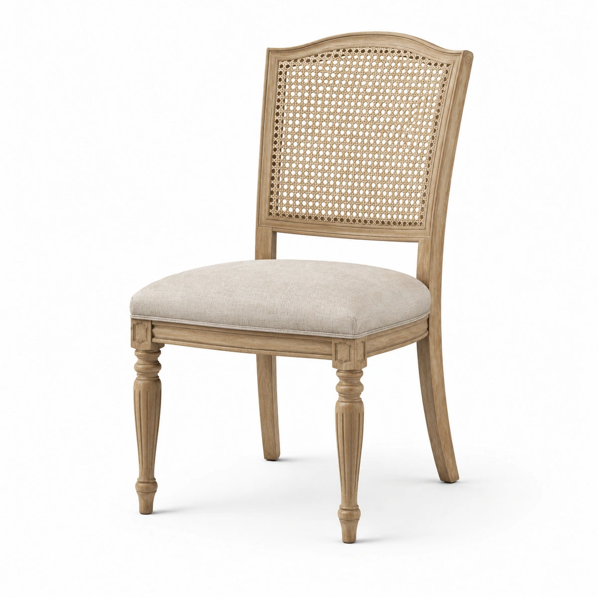 Silla de madera con respaldo de ratán y asiento de poliéster beige