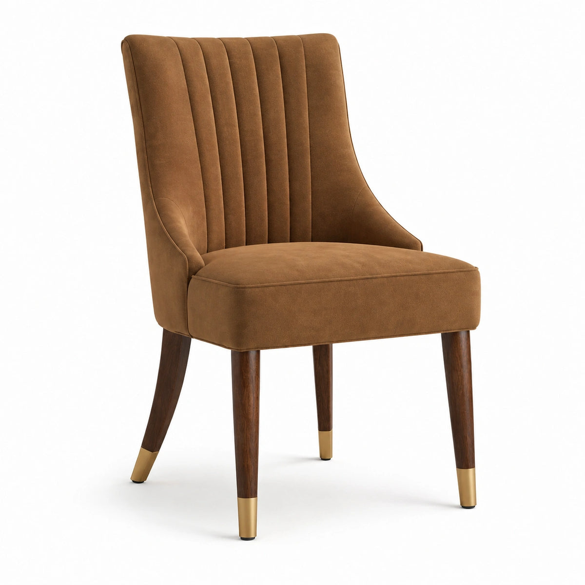 Silla de comedor terciopelo marrón con patas de madera y detalles metálicos